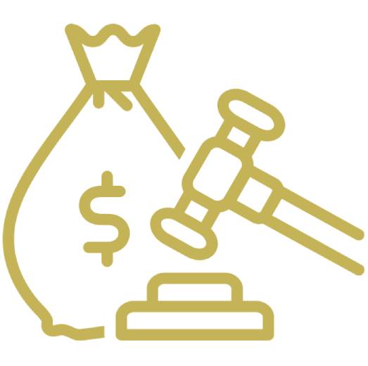 Icon of gold gavel and money bag.